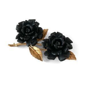 Crown Trifari Gold Double Black Rose Brooch